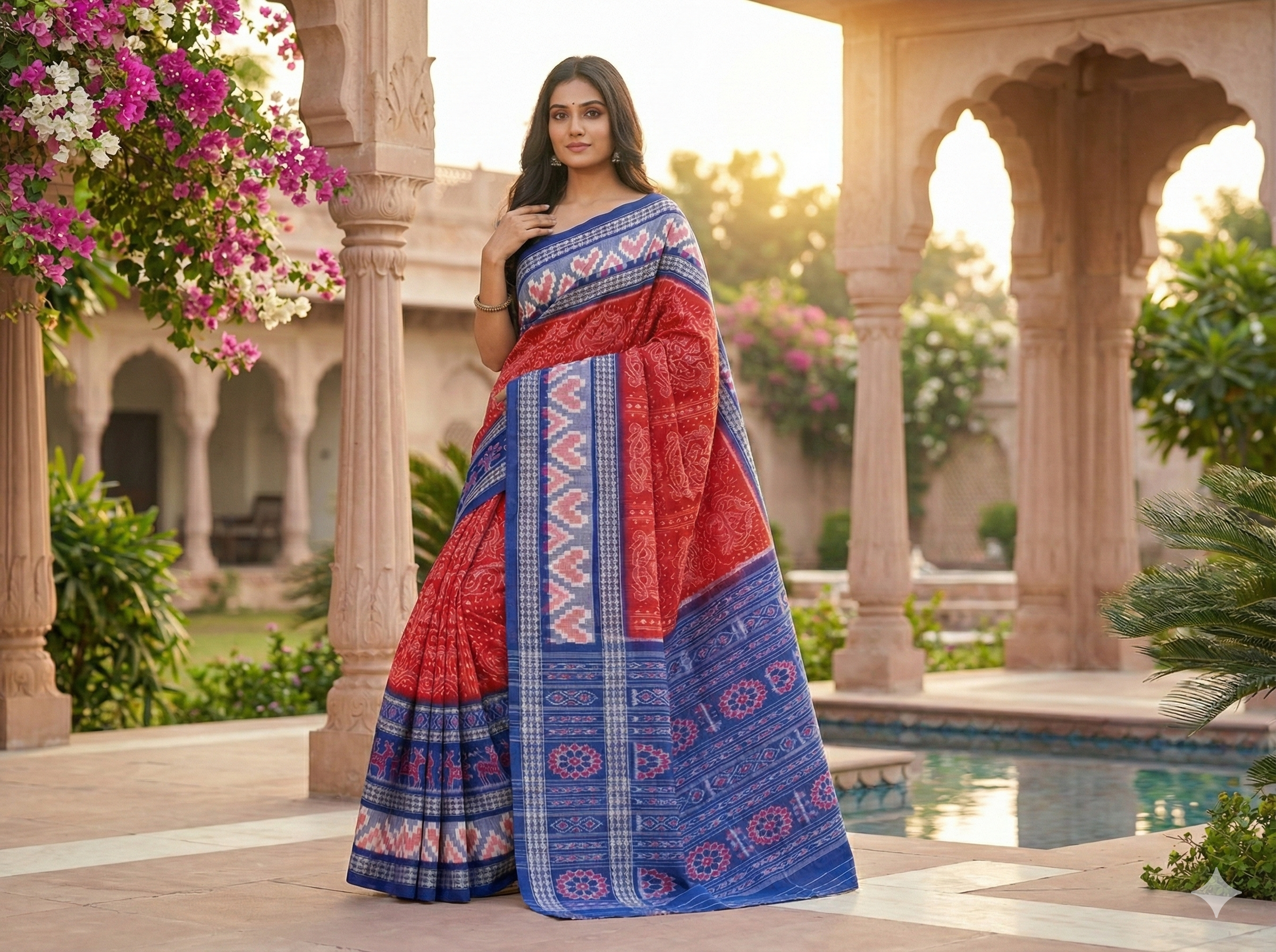 Red & Blue Sambalpuri Ikat Saree | 6-Row Fish Border | Includes Matching Blouse Piece