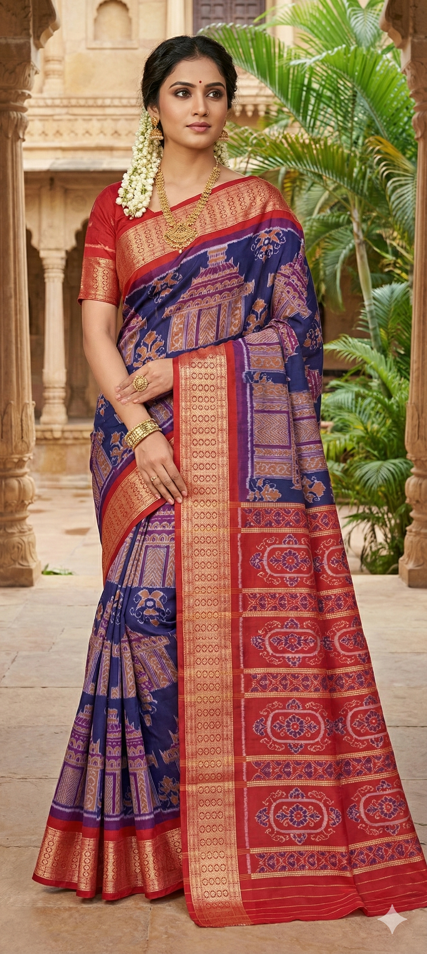 Royal Purple Sambalpuri Saree with All-Over Temple Motifs & Fancy plus Fish Border