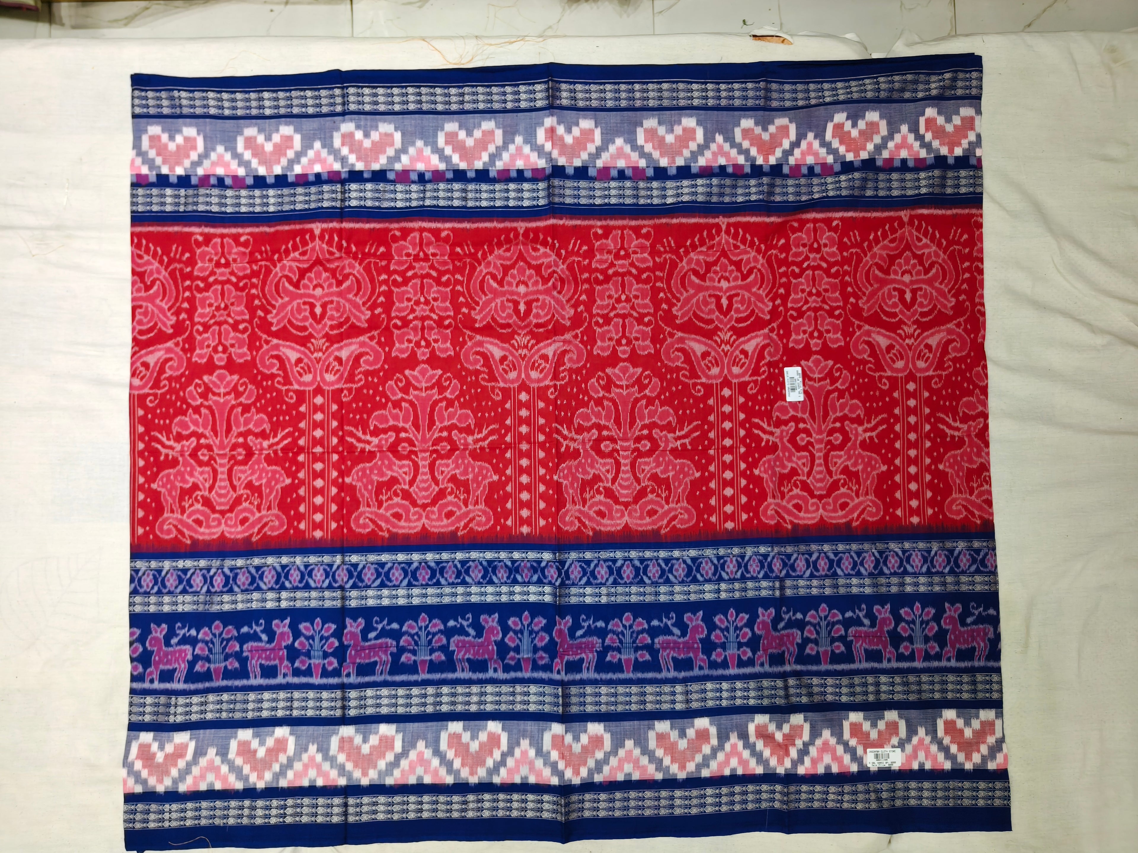 Red & Blue Sambalpuri Ikat Saree | 6-Row Fish Border | Includes Matching Blouse Piece