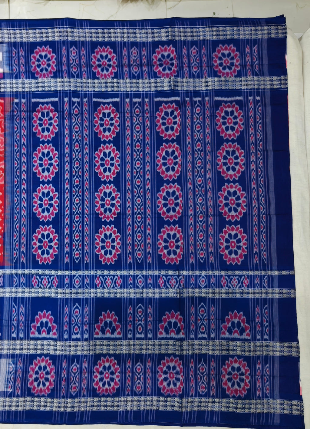 Red & Blue Sambalpuri Ikat Saree | 6-Row Fish Border | Includes Matching Blouse Piece