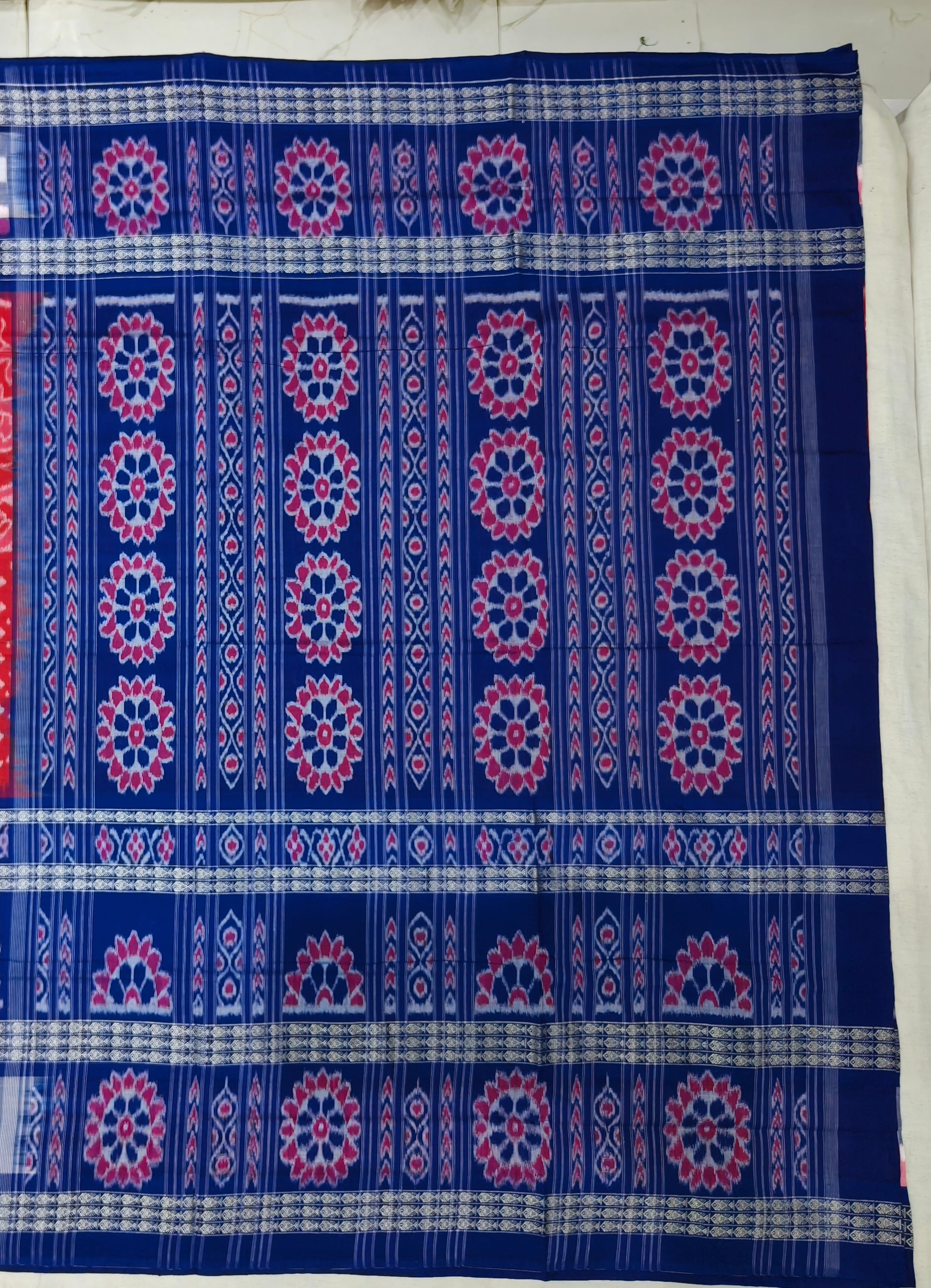 Red & Blue Sambalpuri Ikat Saree | 6-Row Fish Border | Includes Matching Blouse Piece