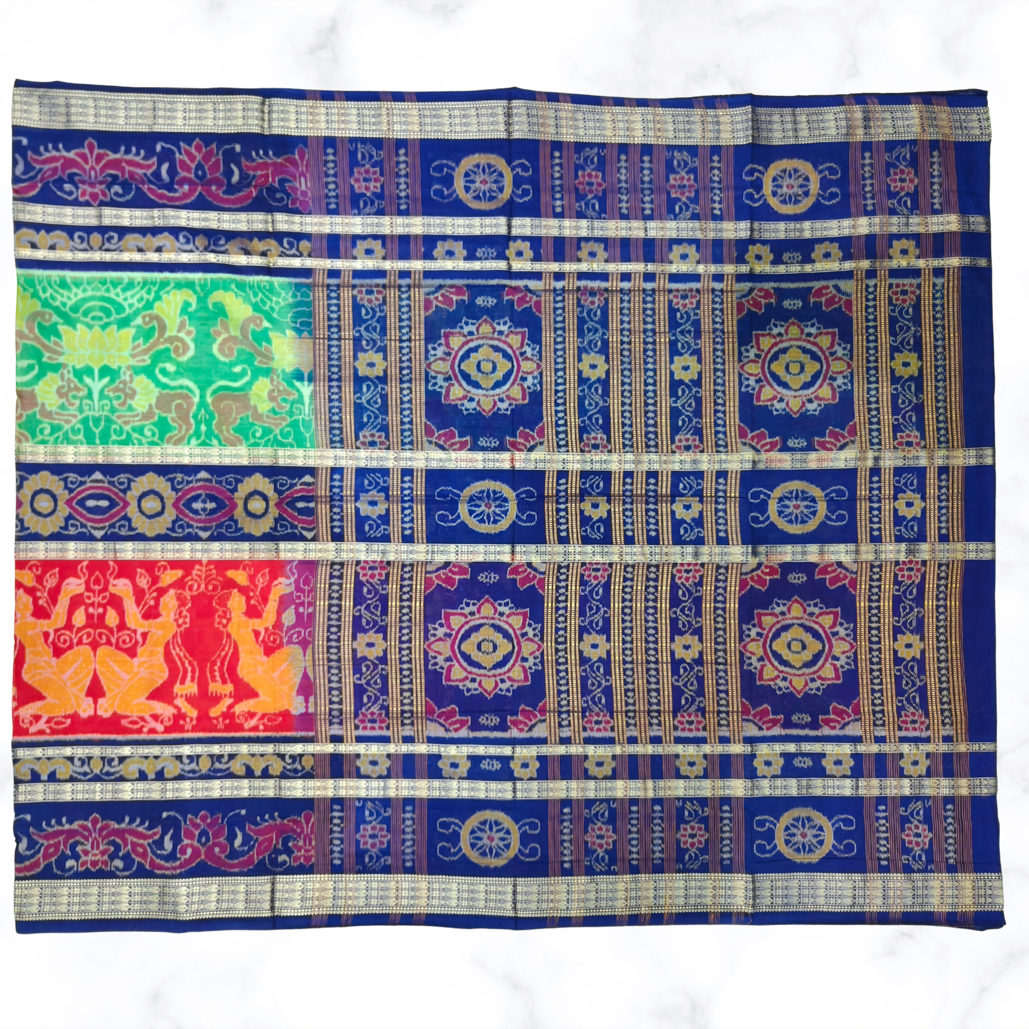 "Mythology & Devotion" – Multicolor Sambalpuri Ikat Saree with Lion, Ritual & Fish Motifs
