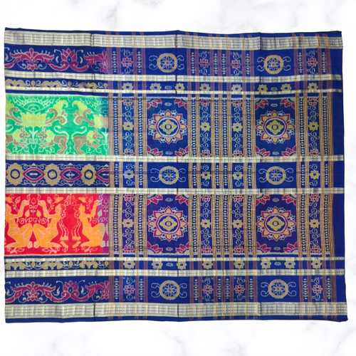 "Mythology & Devotion" – Multicolor Sambalpuri Ikat Saree with Lion, Ritual & Fish Motifs