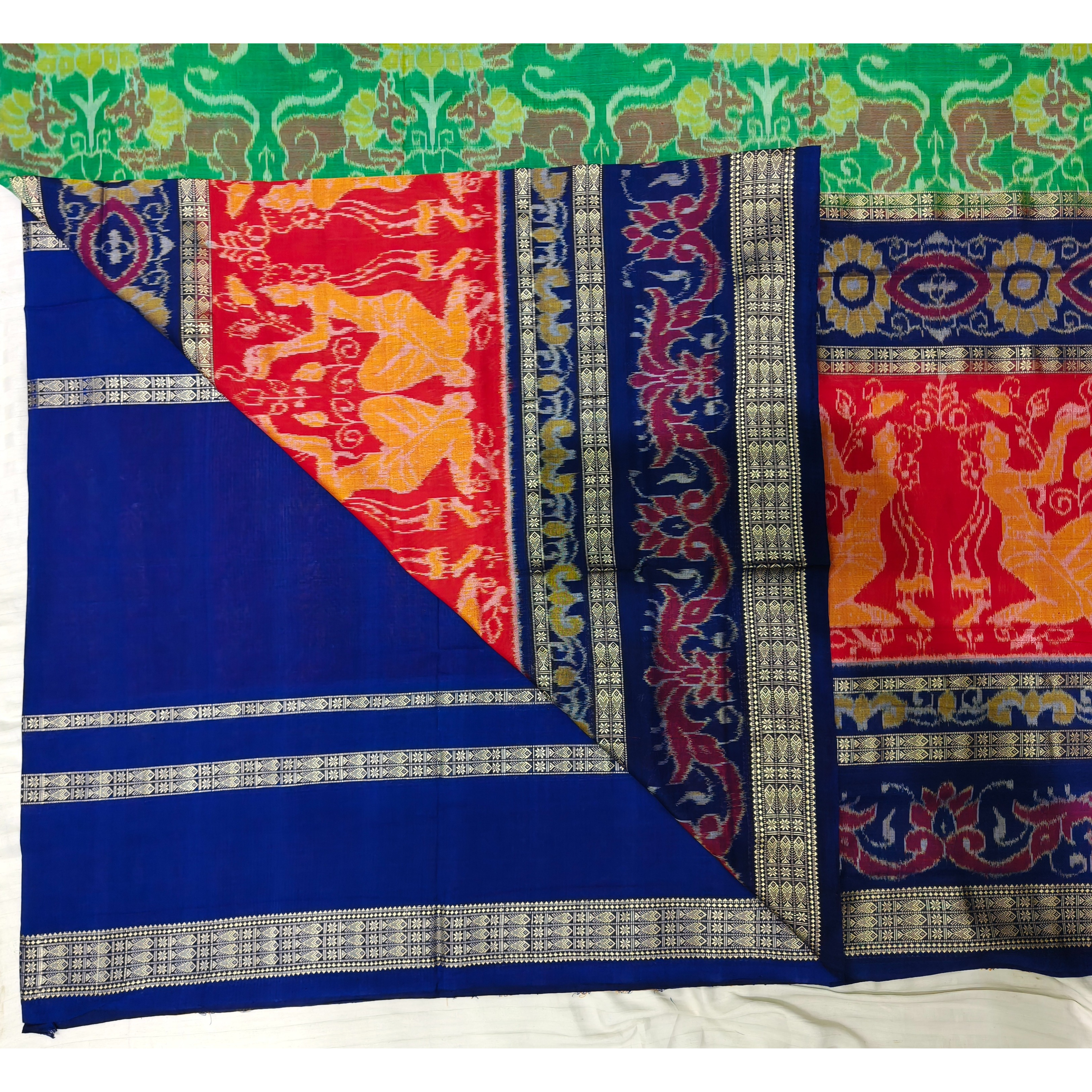 "Mythology & Devotion" – Multicolor Sambalpuri Ikat Saree with Lion, Ritual & Fish Motifs