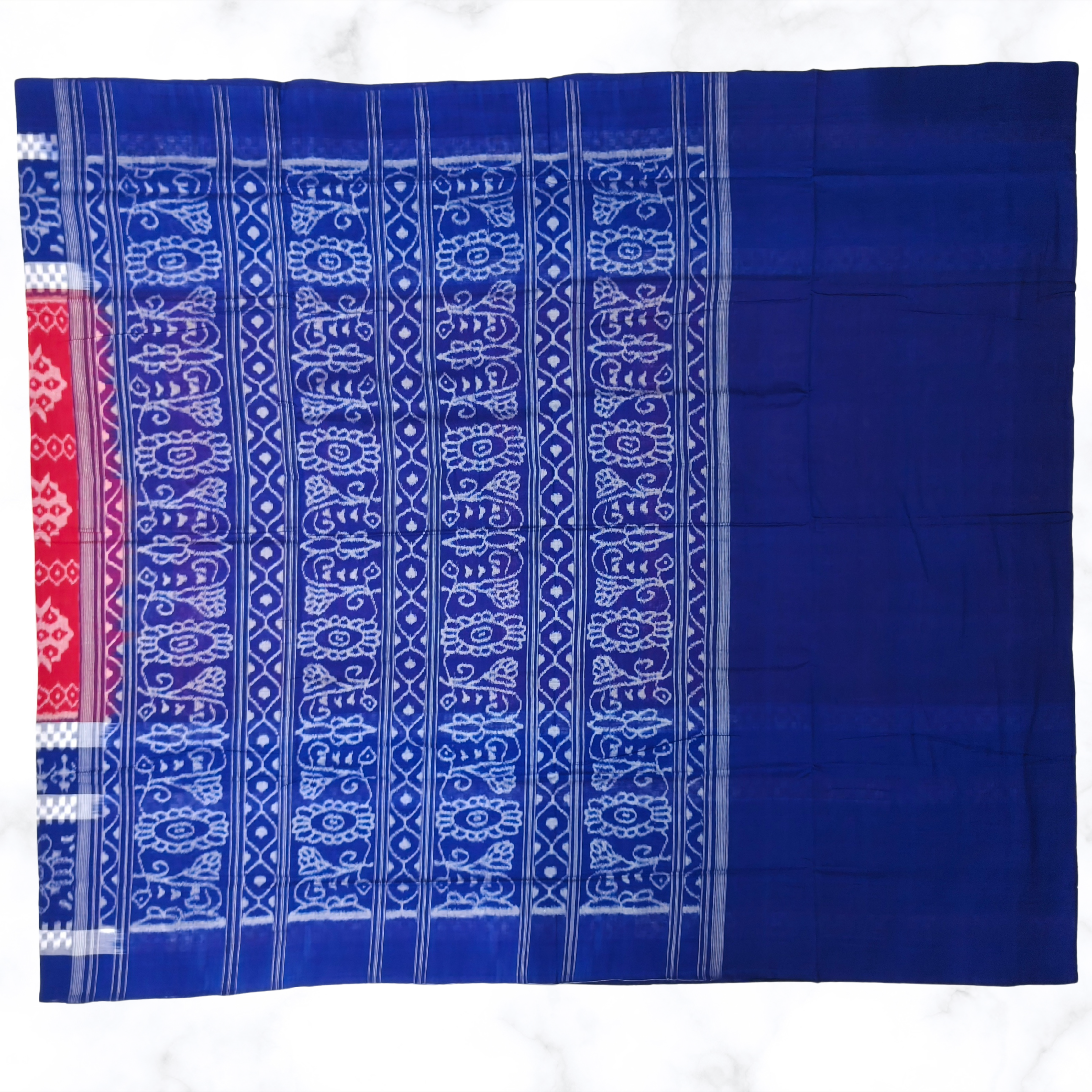 Super-Fine Sambalpuri Ikat: Ruby Red Body with Sleek Royal Blue Paper Border