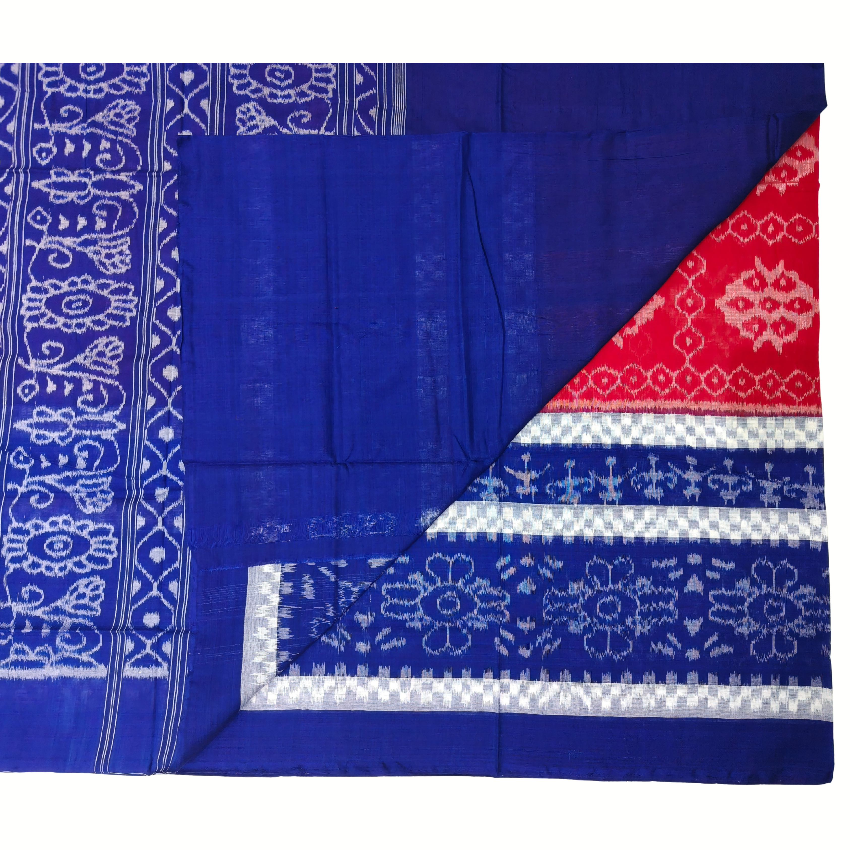 Super-Fine Sambalpuri Ikat: Ruby Red Body with Sleek Royal Blue Paper Border