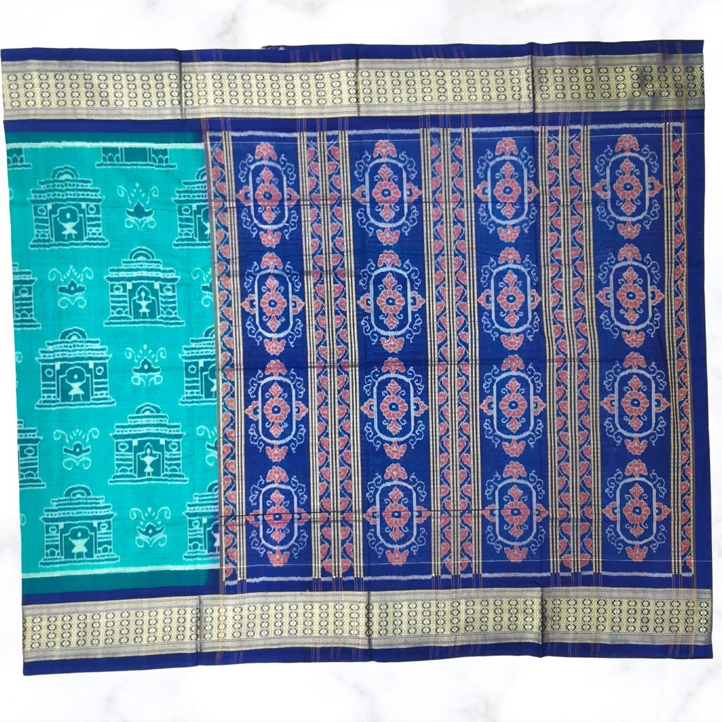 "The Temple Tale" – Rama Green Sambalpuri Ikat Saree with Royal Navy Blue Pallu