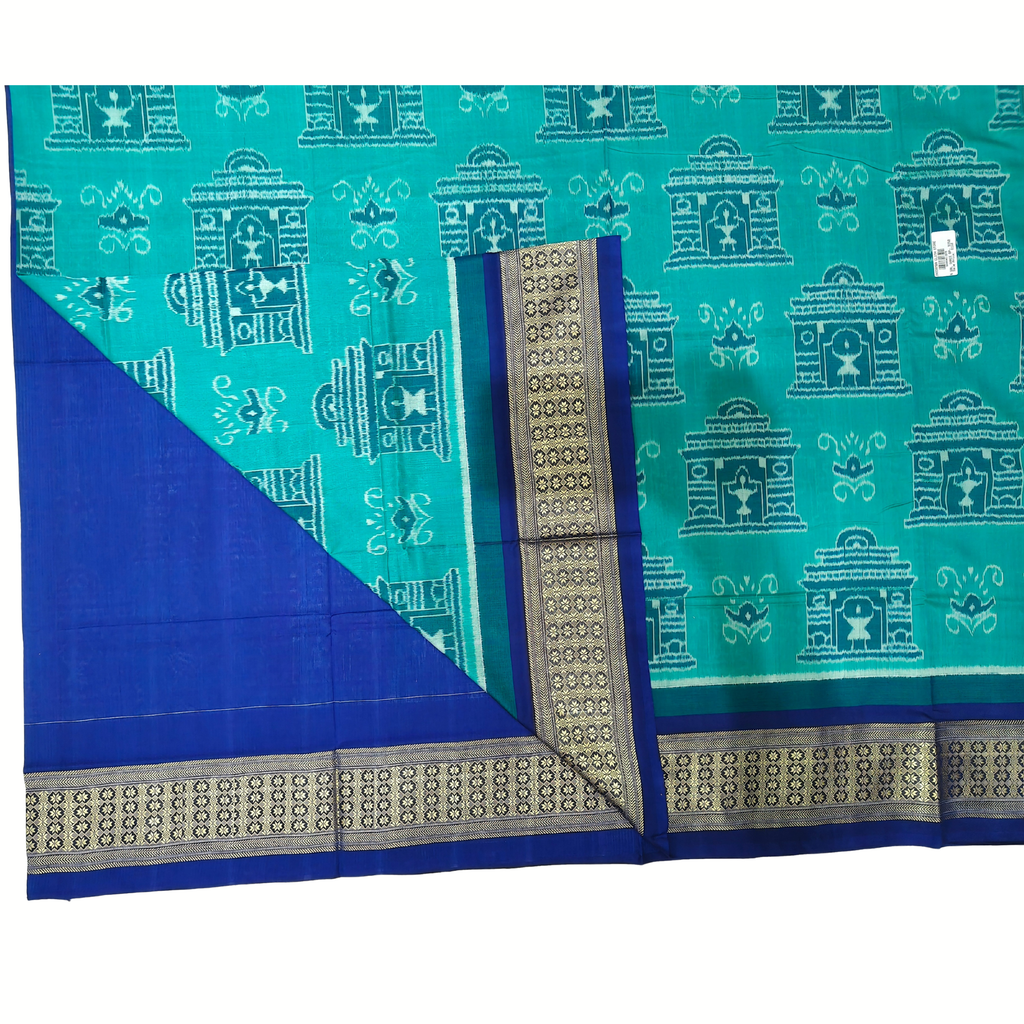 "The Temple Tale" – Rama Green Sambalpuri Ikat Saree with Royal Navy Blue Pallu