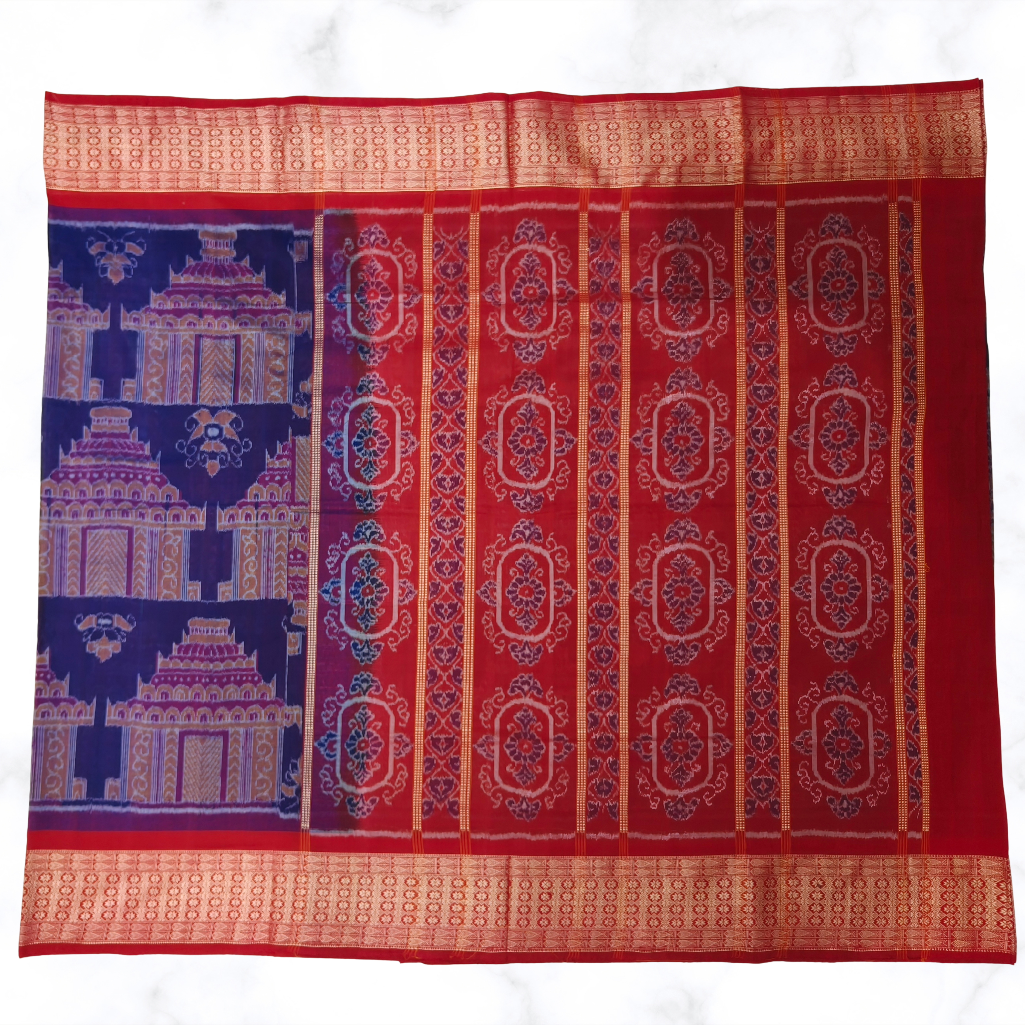 Royal Purple Sambalpuri Saree with All-Over Temple Motifs & Fancy plus Fish Border