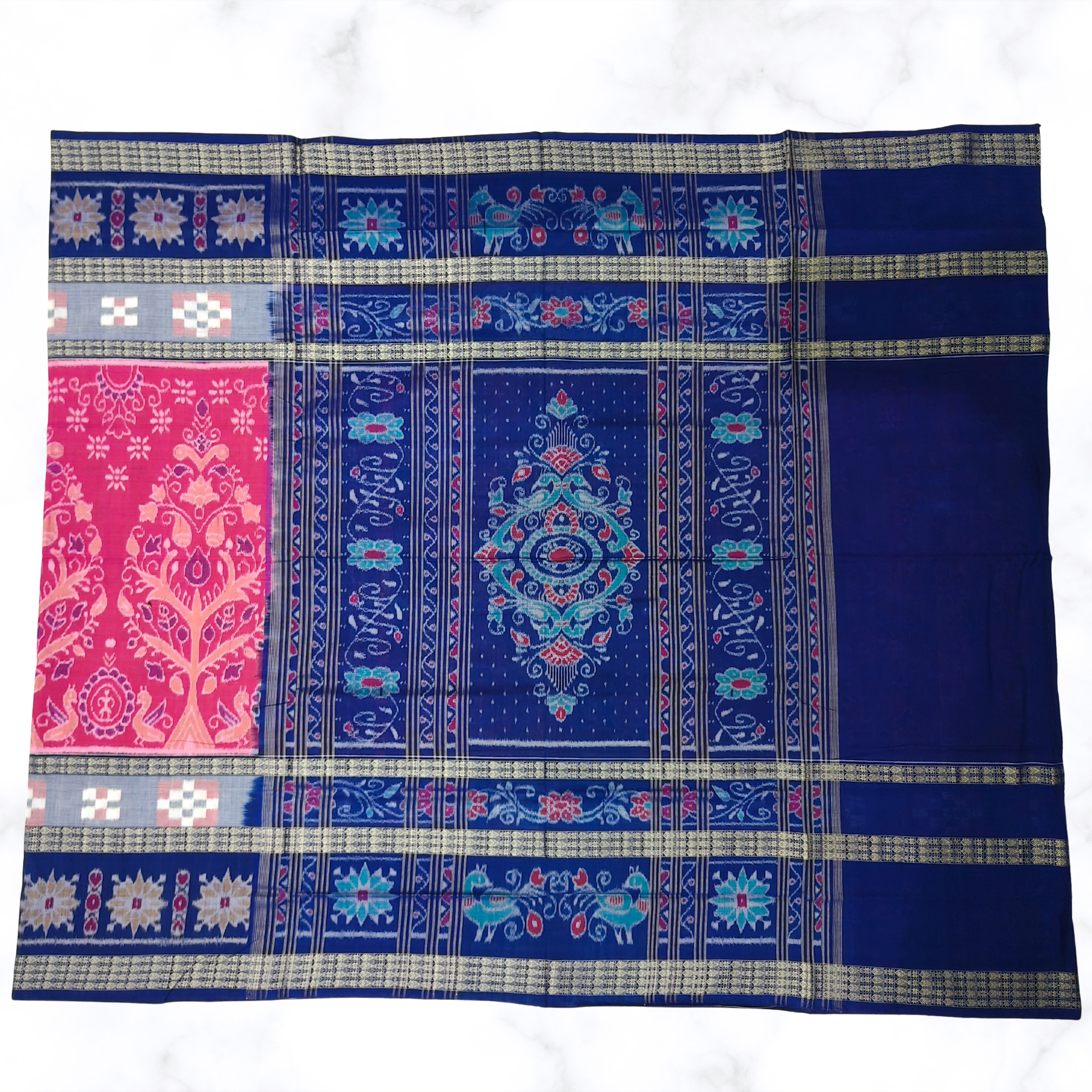 "The Sapta & Kalpavruksha" – Pink Sambalpuri Saree with Rare 6-Layer Border
