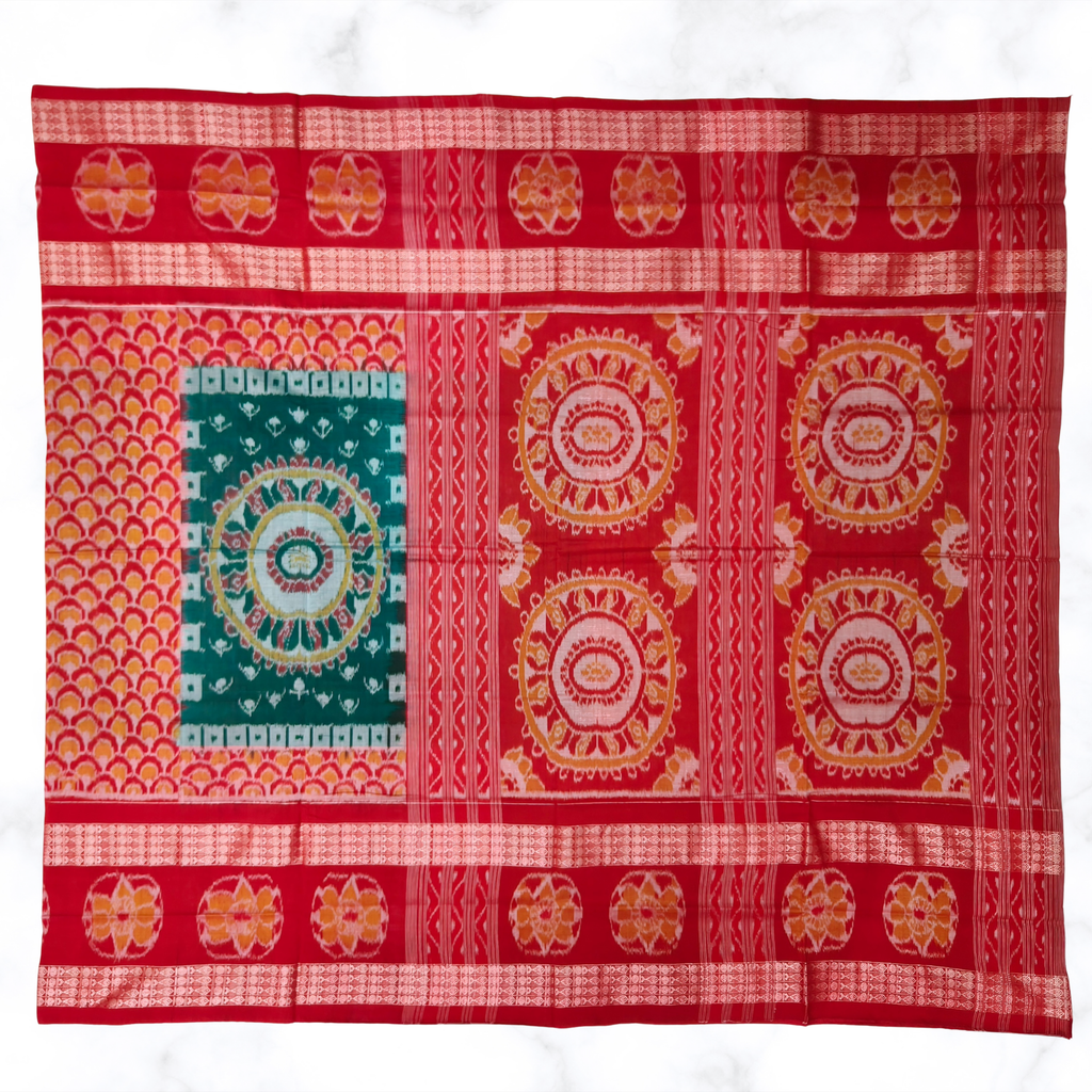 "The Crimson Chakra" – Red Sambalpuri Ikat with Double Border & Designer Work Blouse
