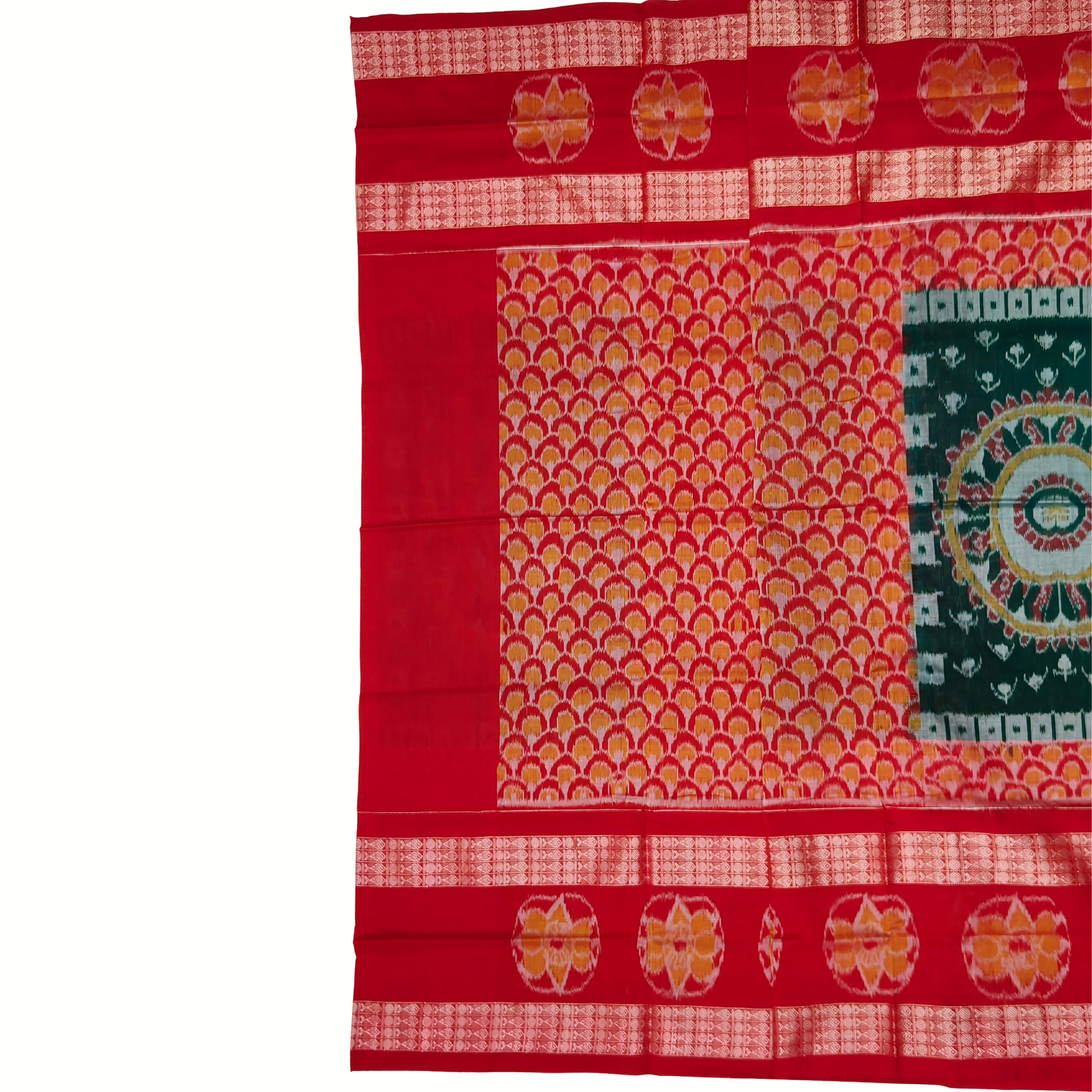 "The Crimson Chakra" – Red Sambalpuri Ikat with Double Border & Designer Work Blouse