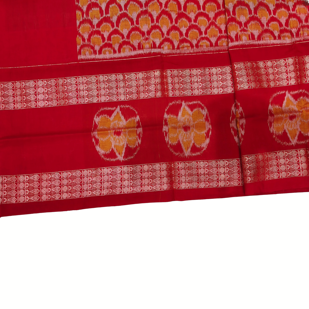 "The Crimson Chakra" – Red Sambalpuri Ikat with Double Border & Designer Work Blouse