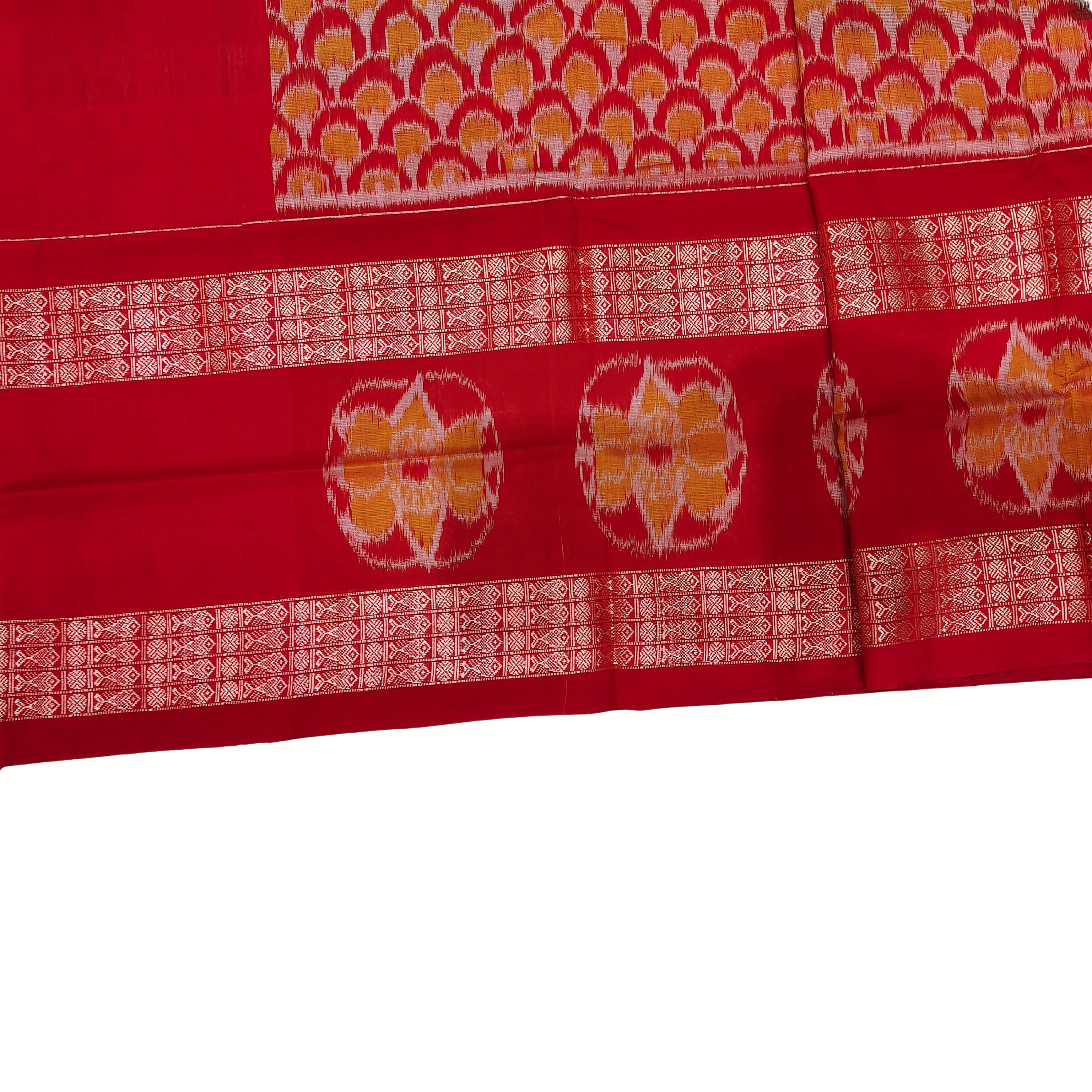 "The Crimson Chakra" – Red Sambalpuri Ikat with Double Border & Designer Work Blouse
