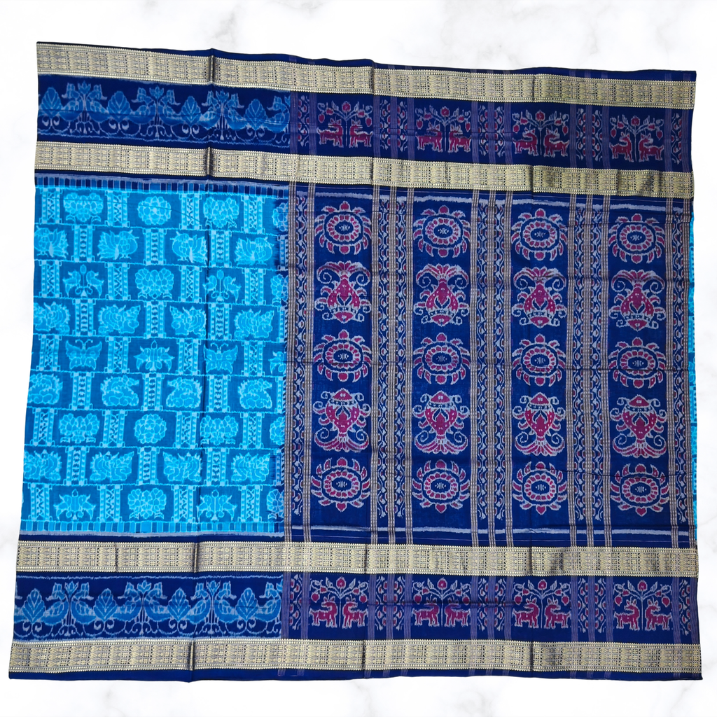 Electric Blue "Kurma & Matsya" Sambalpuri Saree with Grid Body Design