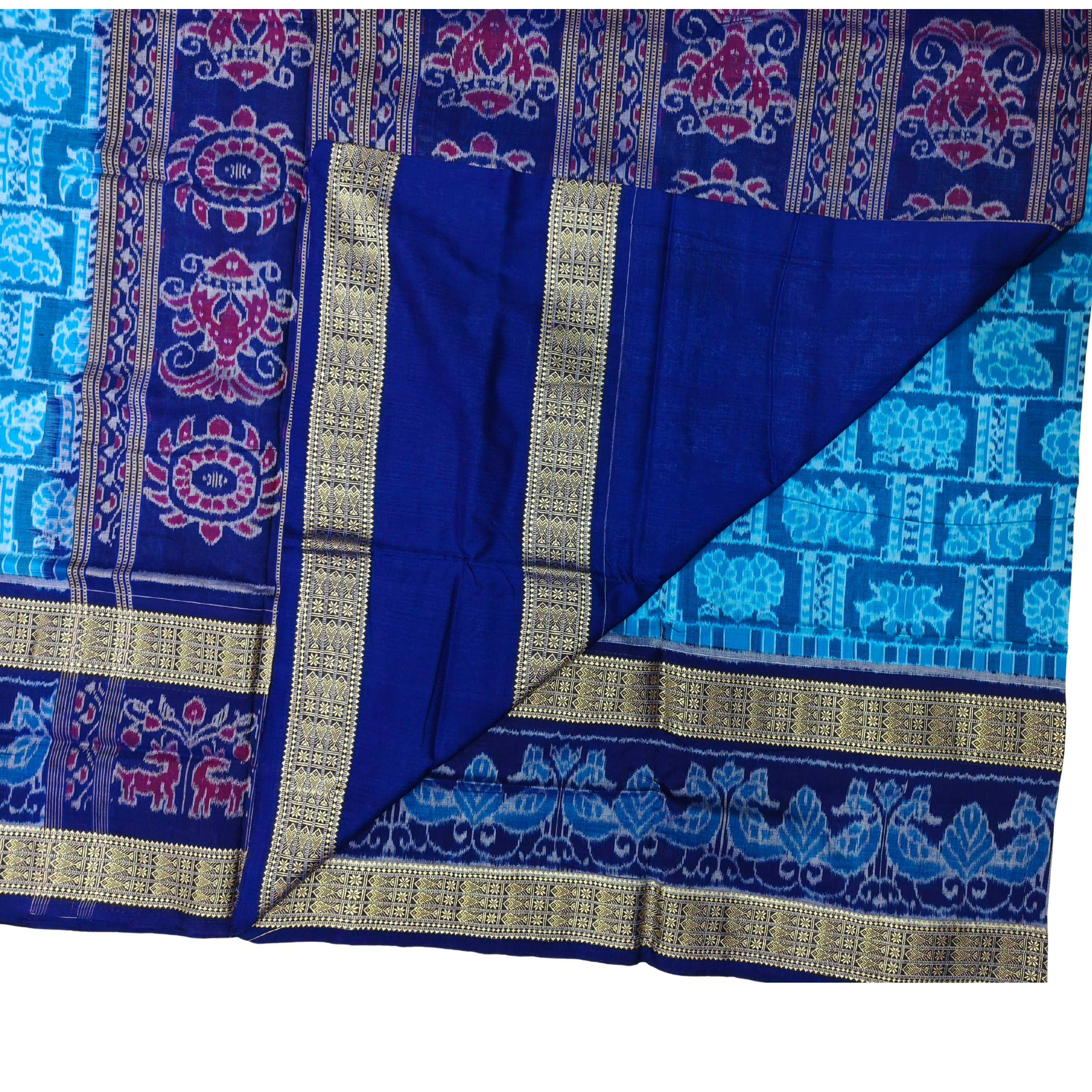 Electric Blue "Kurma & Matsya" Sambalpuri Saree with Grid Body Design