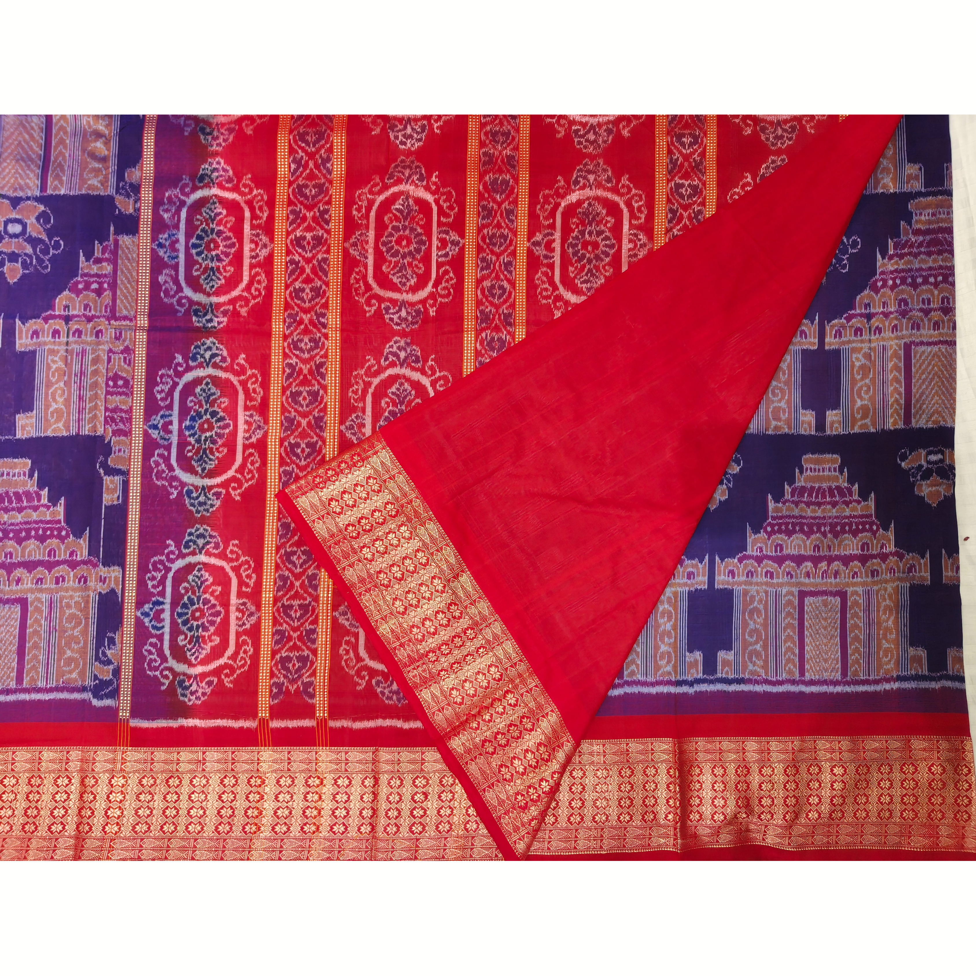 Royal Purple Sambalpuri Saree with All-Over Temple Motifs & Fancy plus Fish Border