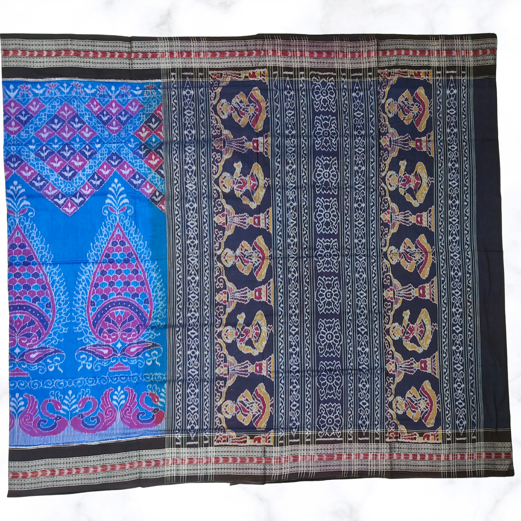 Sky Blue & Black Contrast Sambalpuri Saree – Dhadi Bandho Border with Swan Motifs