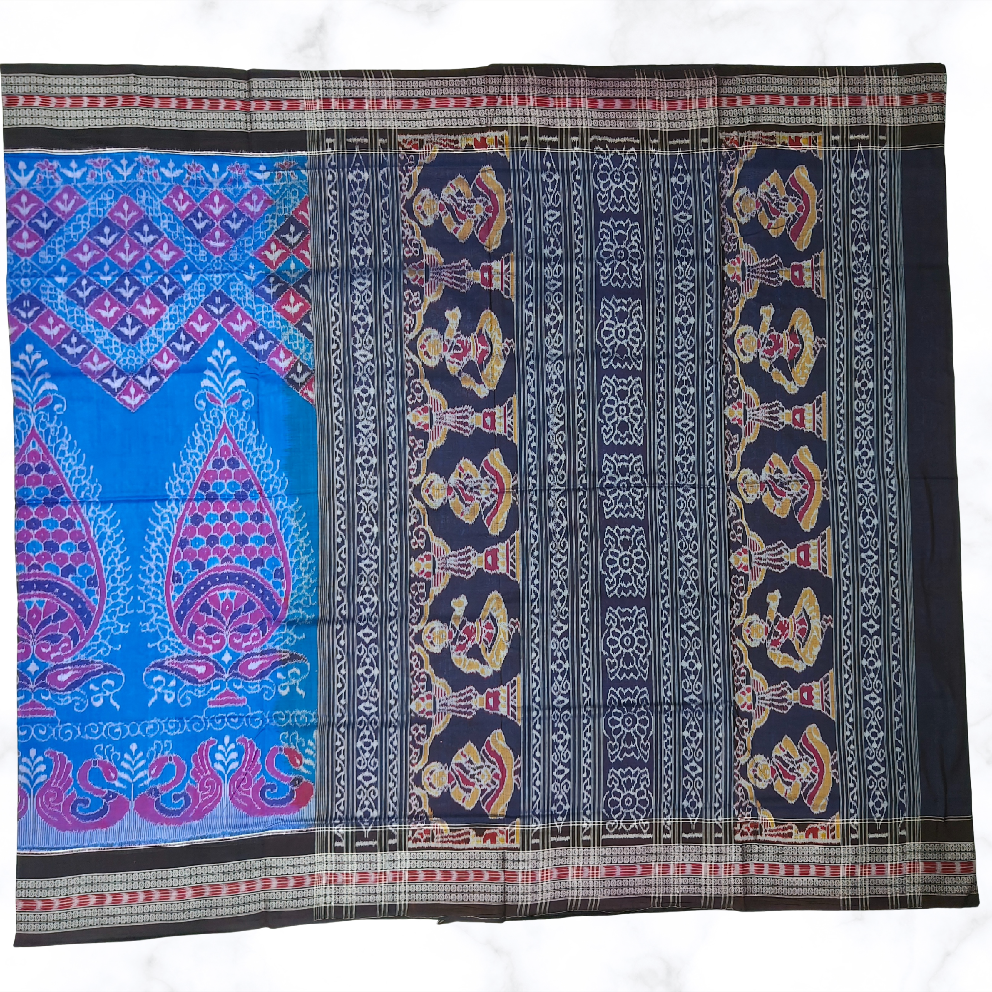 Sky Blue & Black Contrast Sambalpuri Saree – Dhadi Bandho Border with Swan Motifs