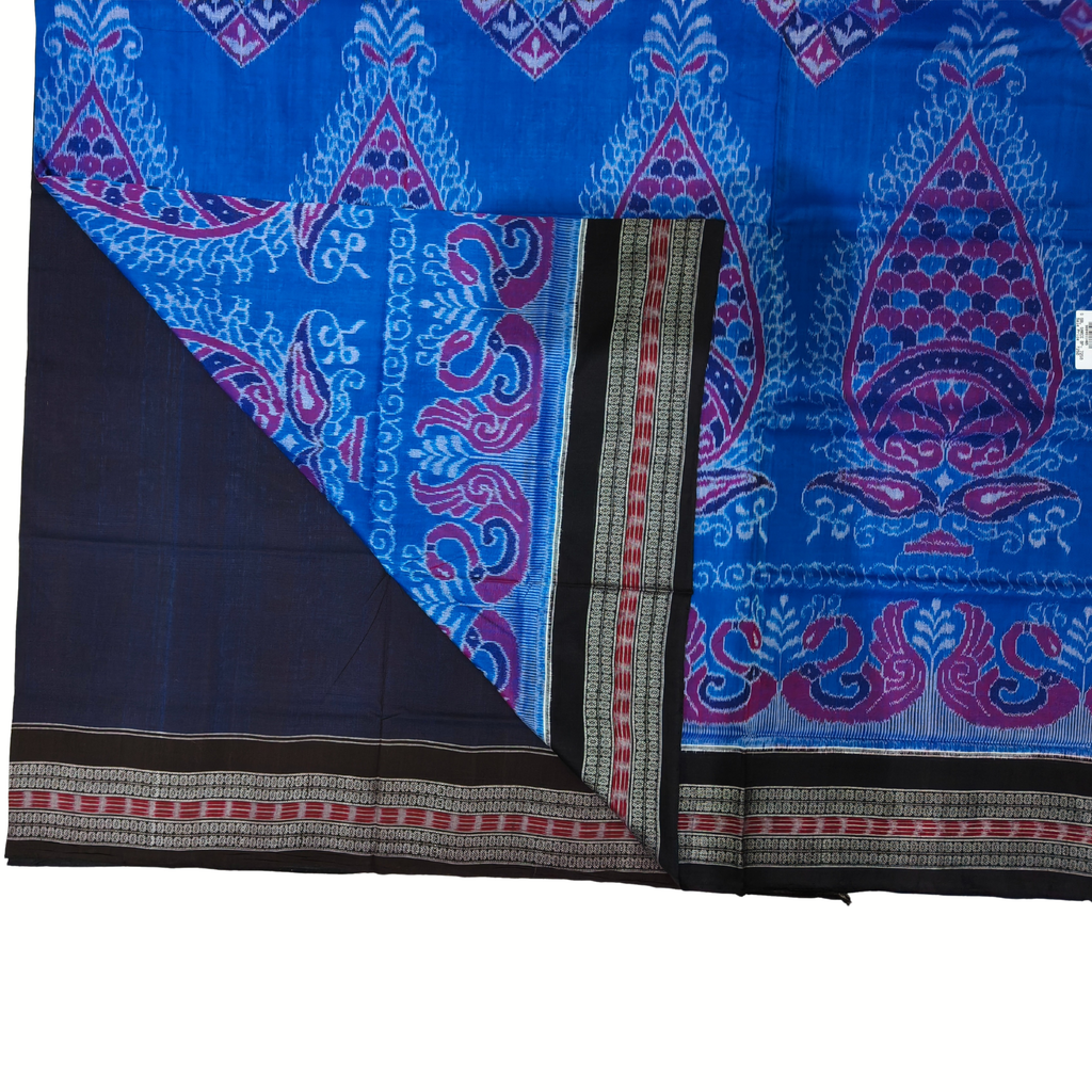 Sky Blue & Black Contrast Sambalpuri Saree – Dhadi Bandho Border with Swan Motifs