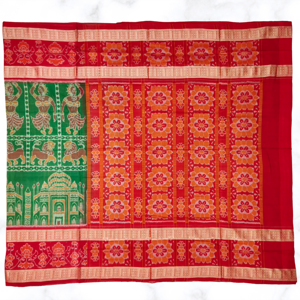 "The Taj Mahal Special" – Mehandi Green Sambalpuri Saree with Nartaki, Lion & Double Fish Border