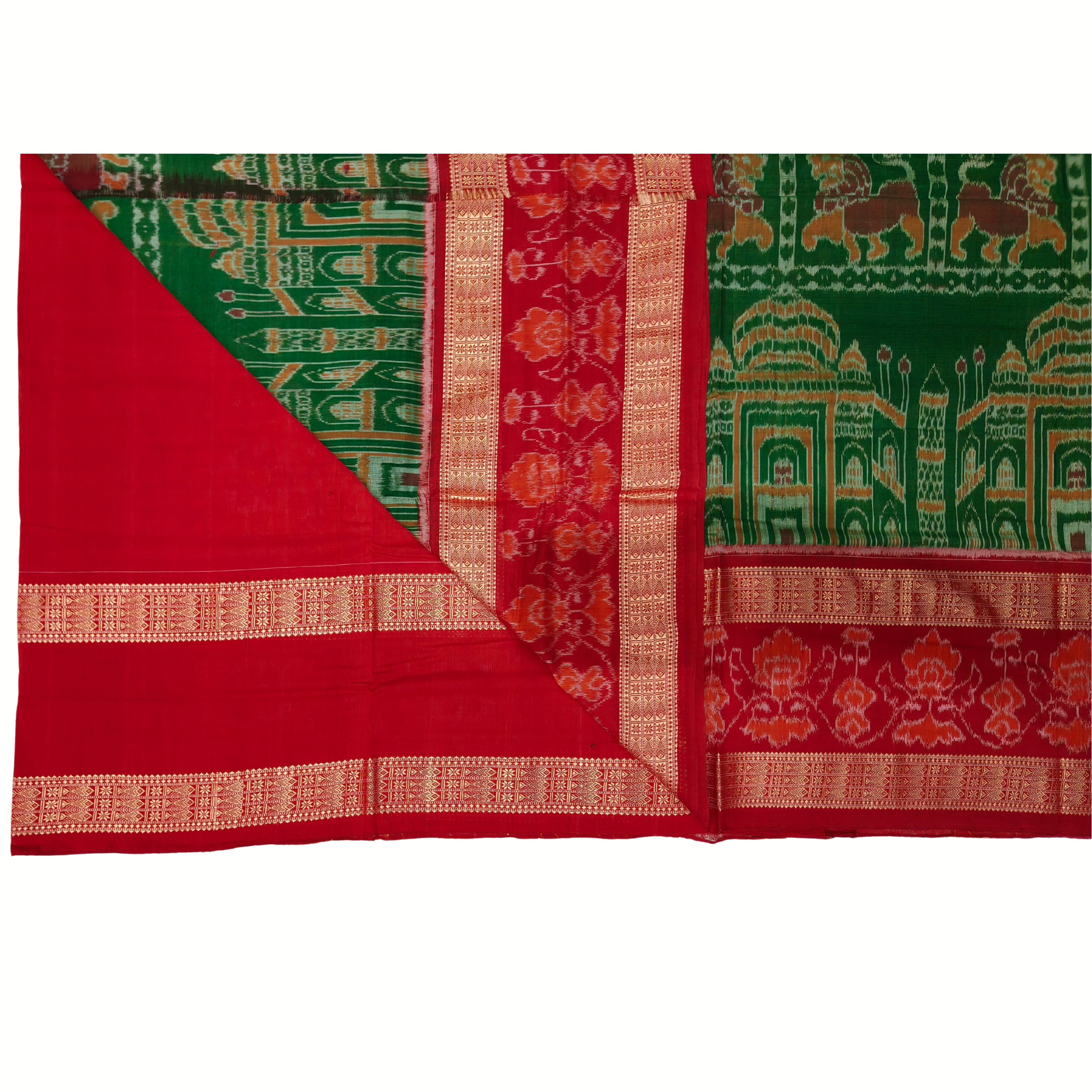 "The Taj Mahal Special" – Mehandi Green Sambalpuri Saree with Nartaki, Lion & Double Fish Border