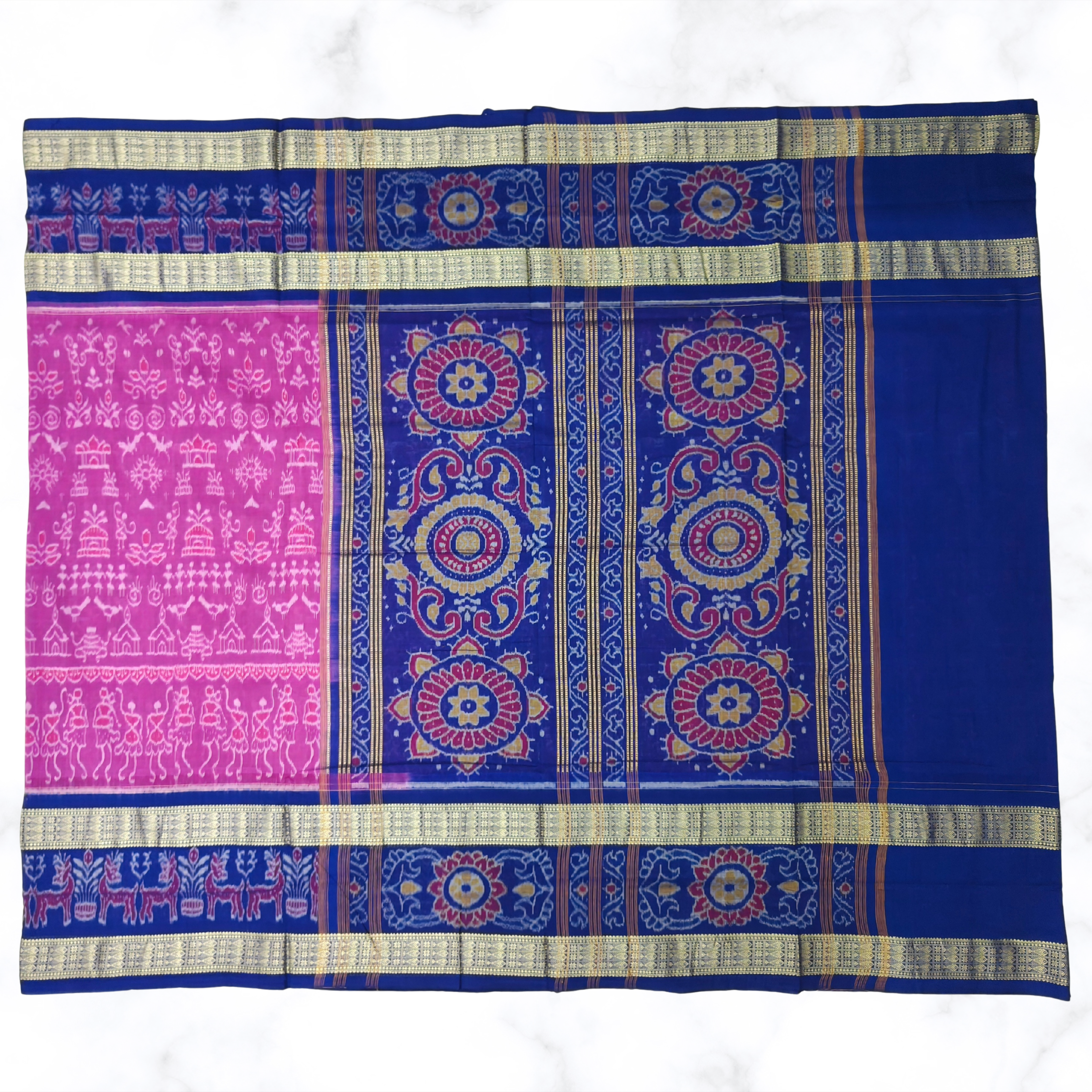 Radiant Rani Pink & Royal Blue Sambalpuri Ikat Saree with Double Fish Border