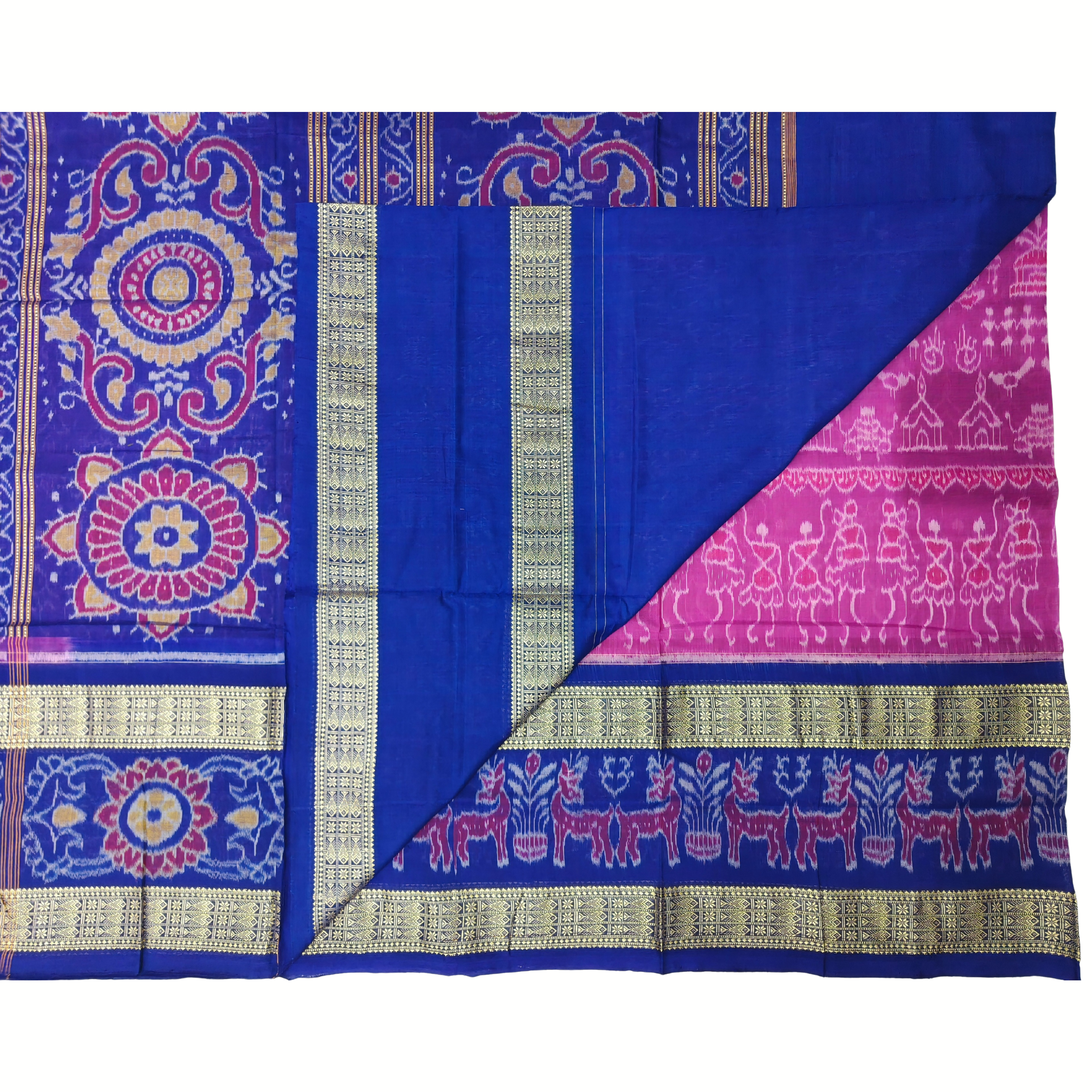 Radiant Rani Pink & Royal Blue Sambalpuri Ikat Saree with Double Fish Border