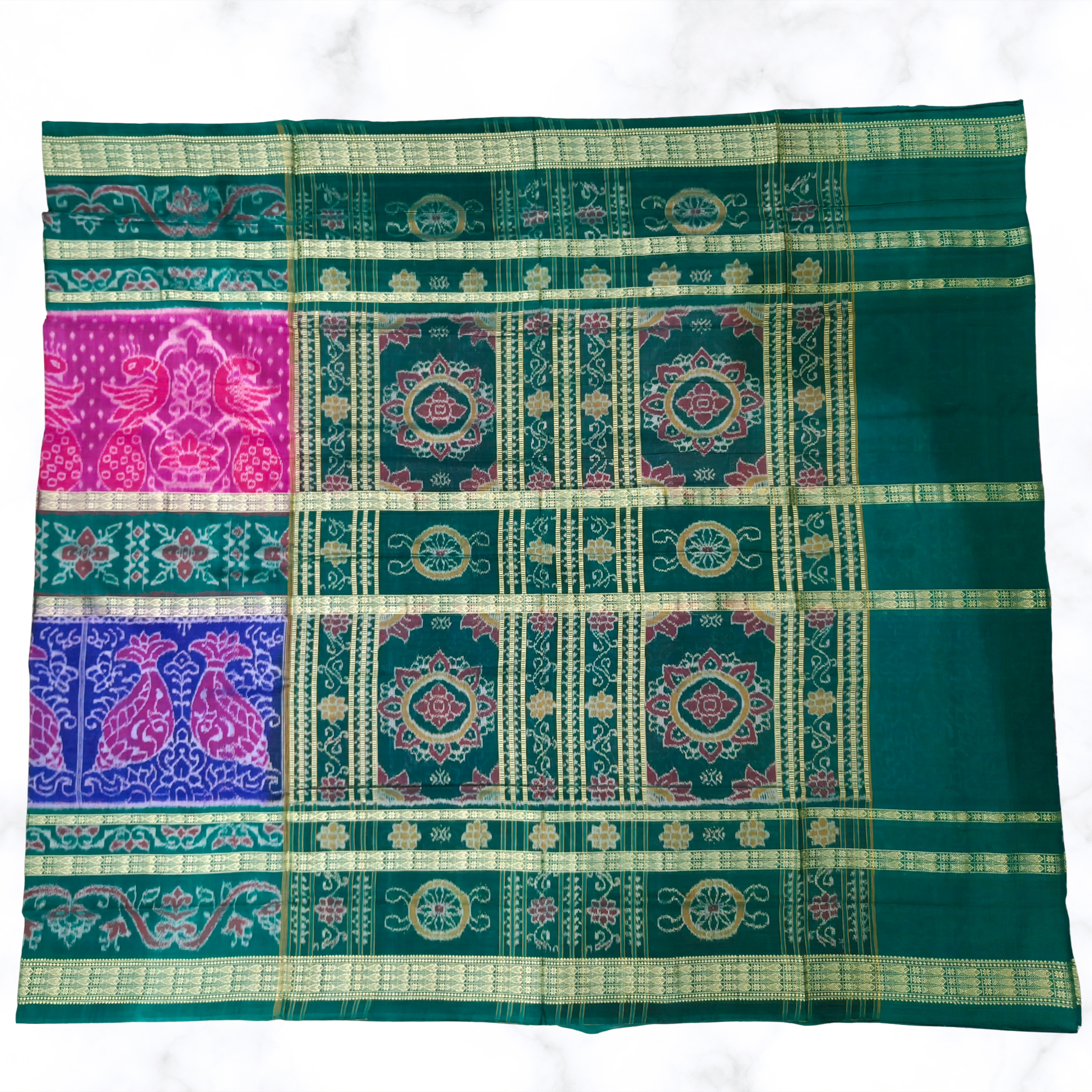 "The Matsya & Mayuri" – Multicolor Sambalpuri Ikat Saree with Signature 8-Fish Border & Peacock Motifs