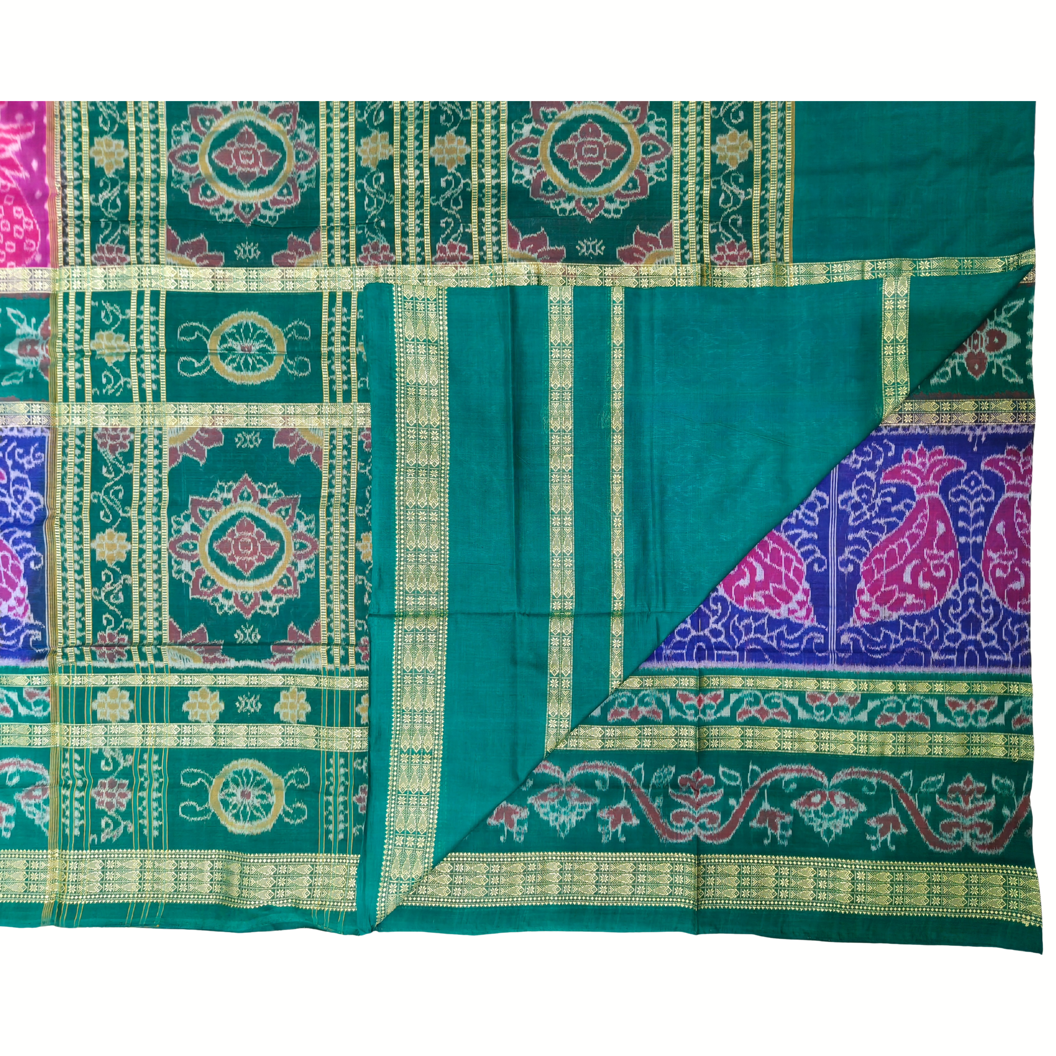 "The Matsya & Mayuri" – Multicolor Sambalpuri Ikat Saree with Signature 8-Fish Border & Peacock Motifs
