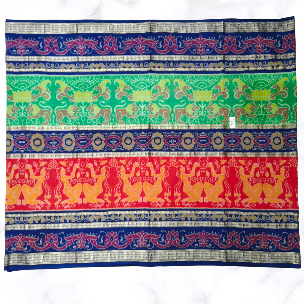 "Mythology & Devotion" – Multicolor Sambalpuri Ikat Saree with Lion, Ritual & Fish Motifs