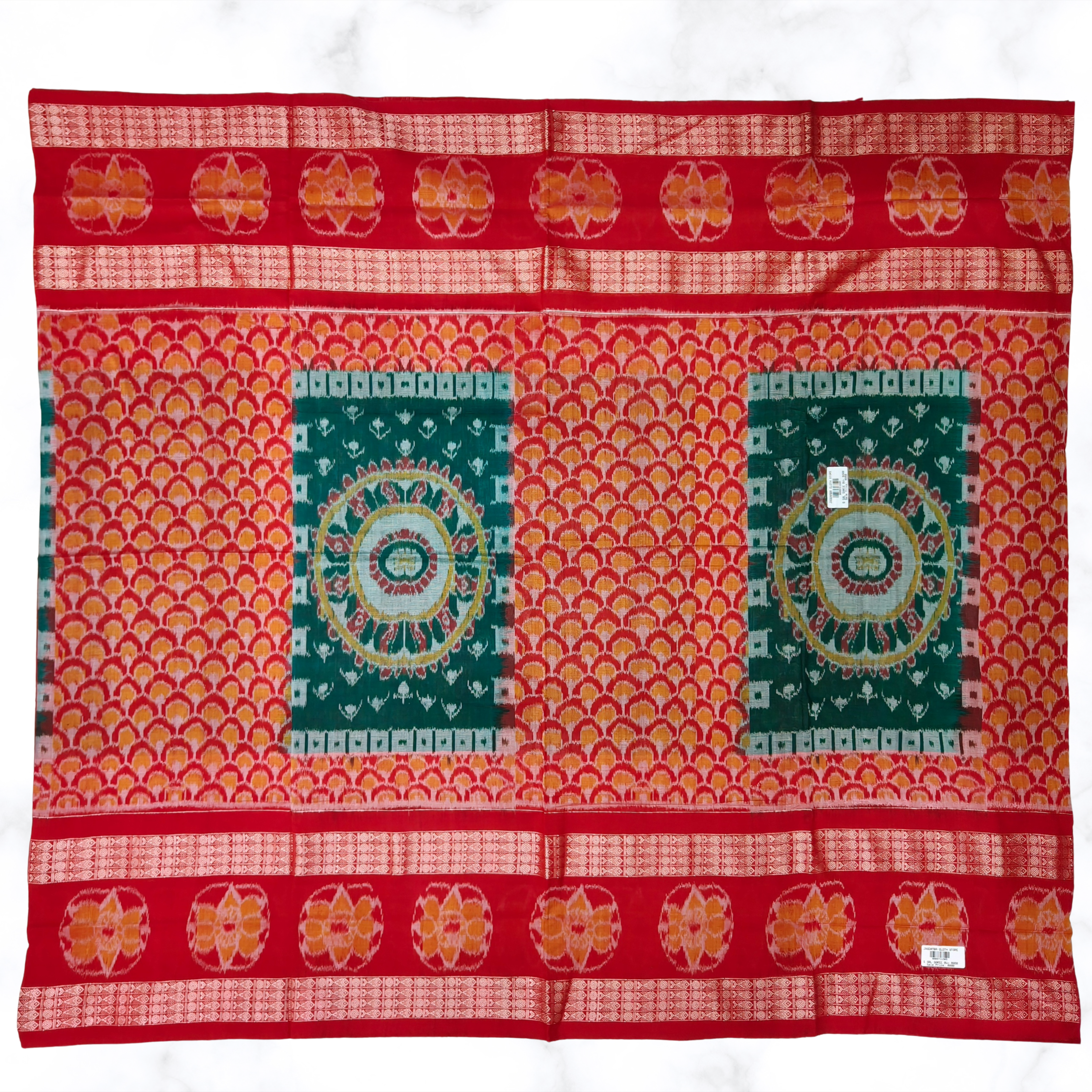 "The Crimson Chakra" – Red Sambalpuri Ikat with Double Border & Designer Work Blouse