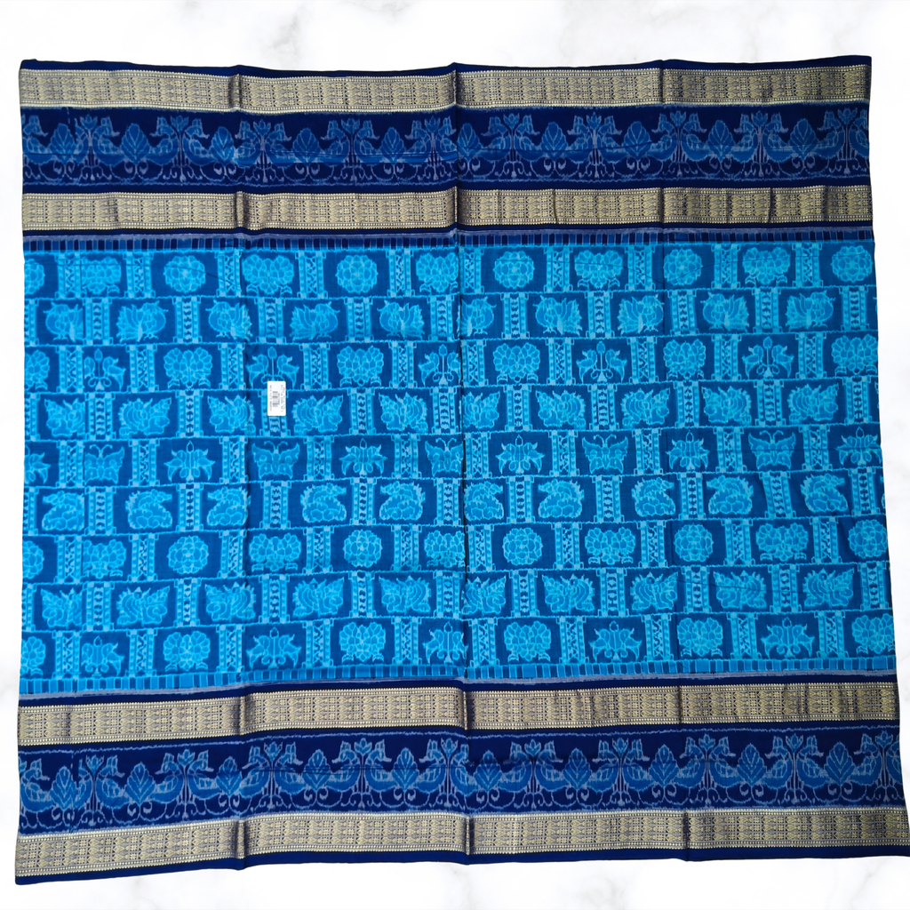 Electric Blue "Kurma & Matsya" Sambalpuri Saree with Grid Body Design