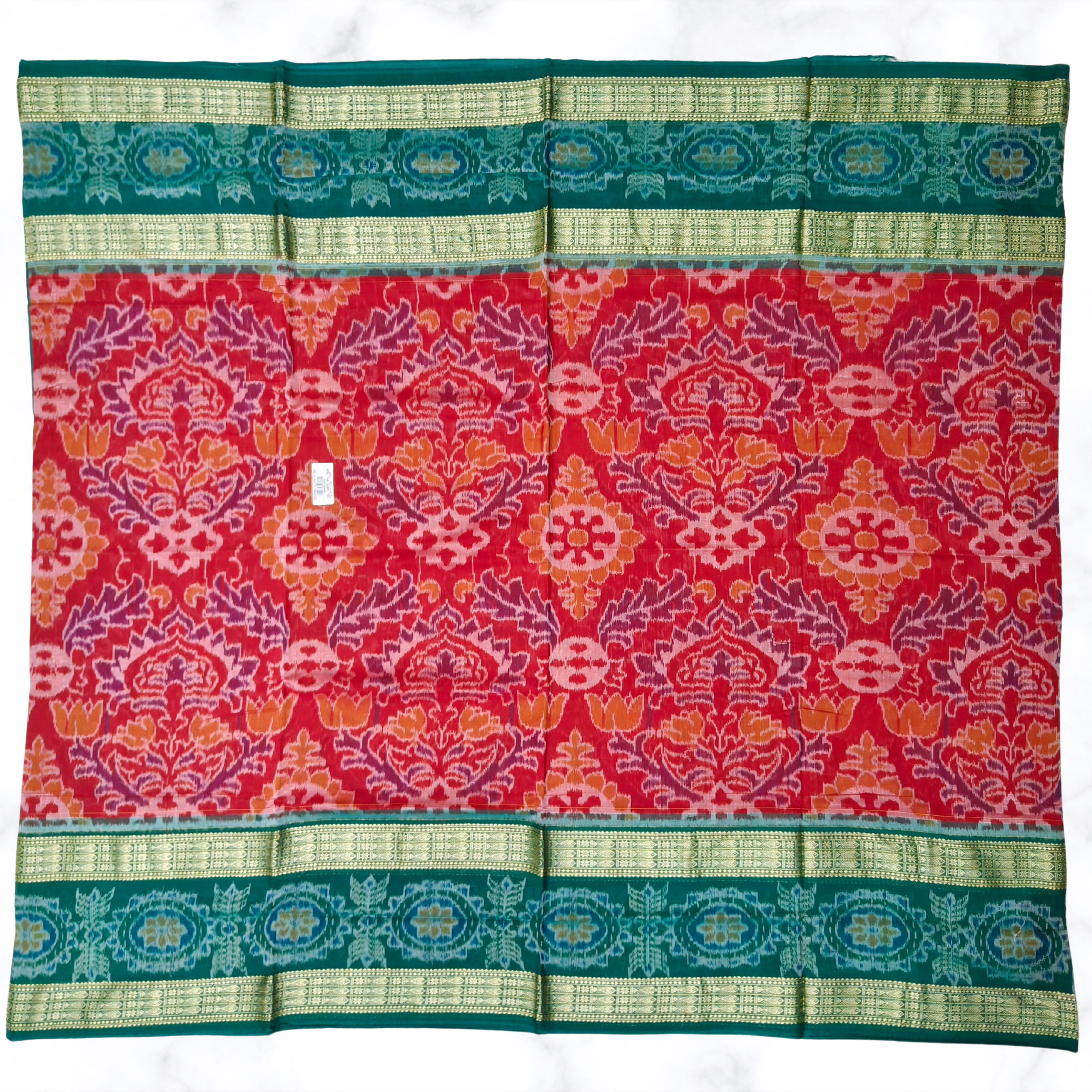 "The Crimson Garden" – Heavy Floral Sambalpuri Ikat with Contrast Green Diamond Pallu