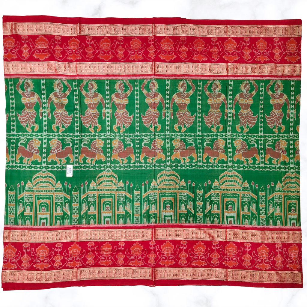 "The Taj Mahal Special" – Mehandi Green Sambalpuri Saree with Nartaki, Lion & Double Fish Border