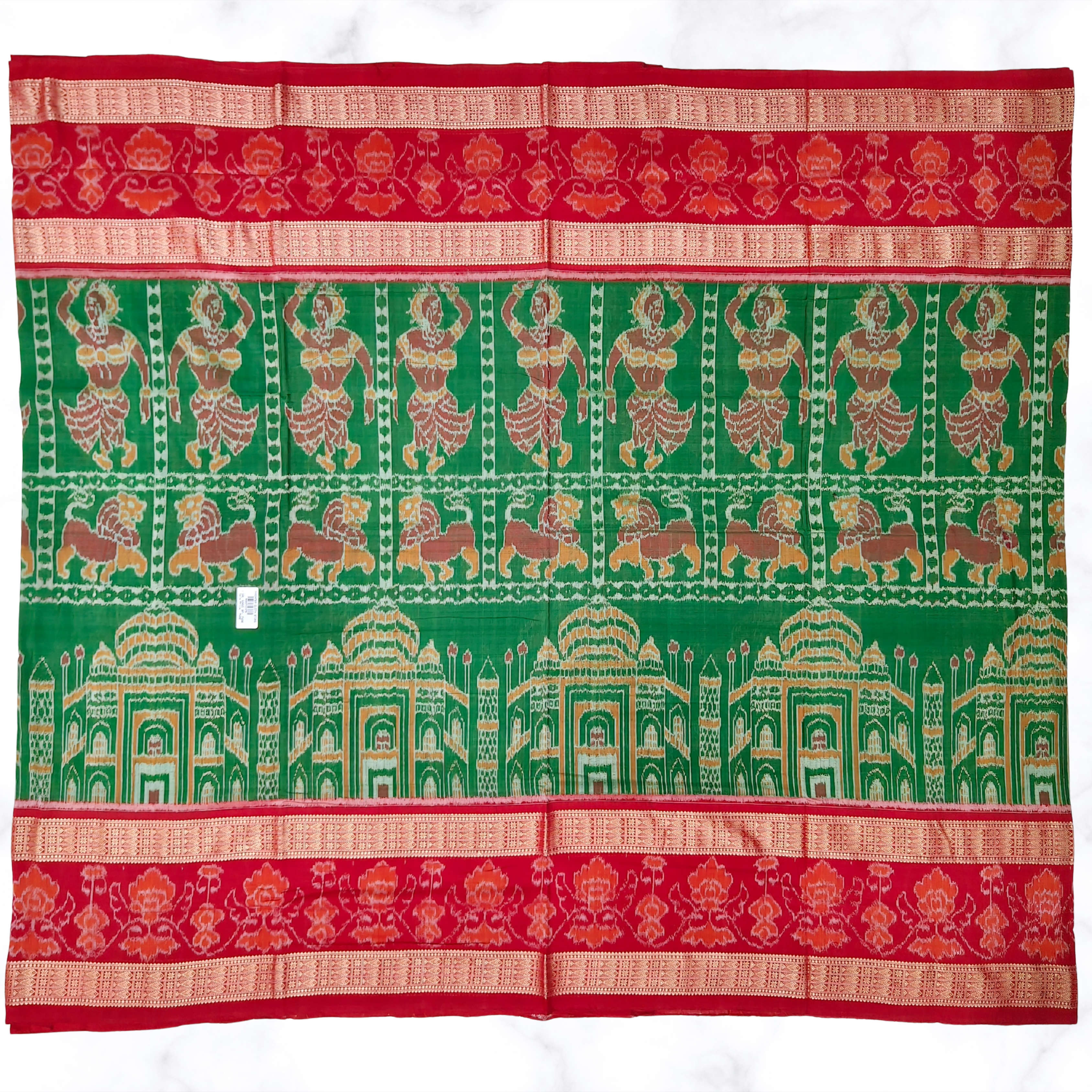 "The Taj Mahal Special" – Mehandi Green Sambalpuri Saree with Nartaki, Lion & Double Fish Border