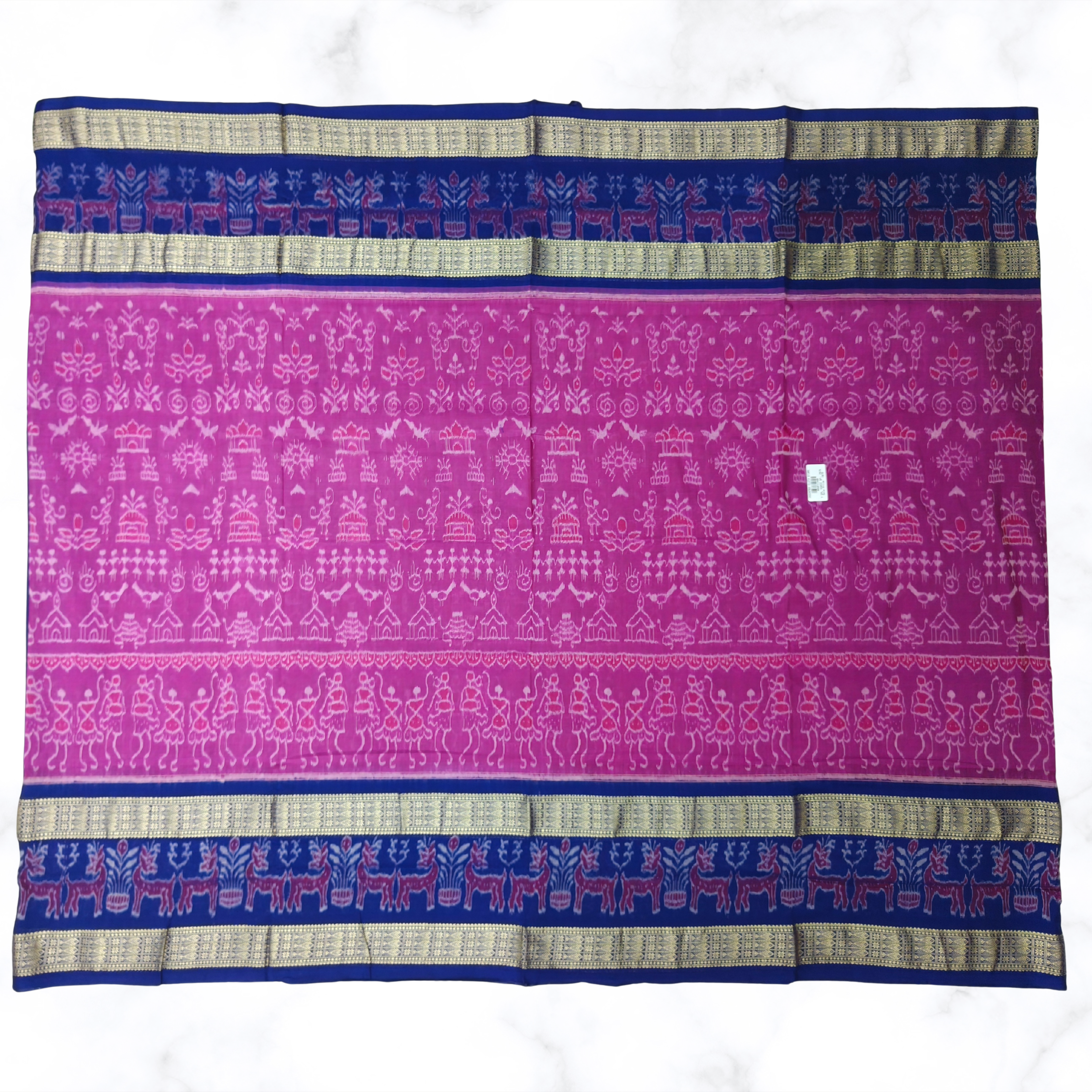 Radiant Rani Pink & Royal Blue Sambalpuri Ikat Saree with Double Fish Border