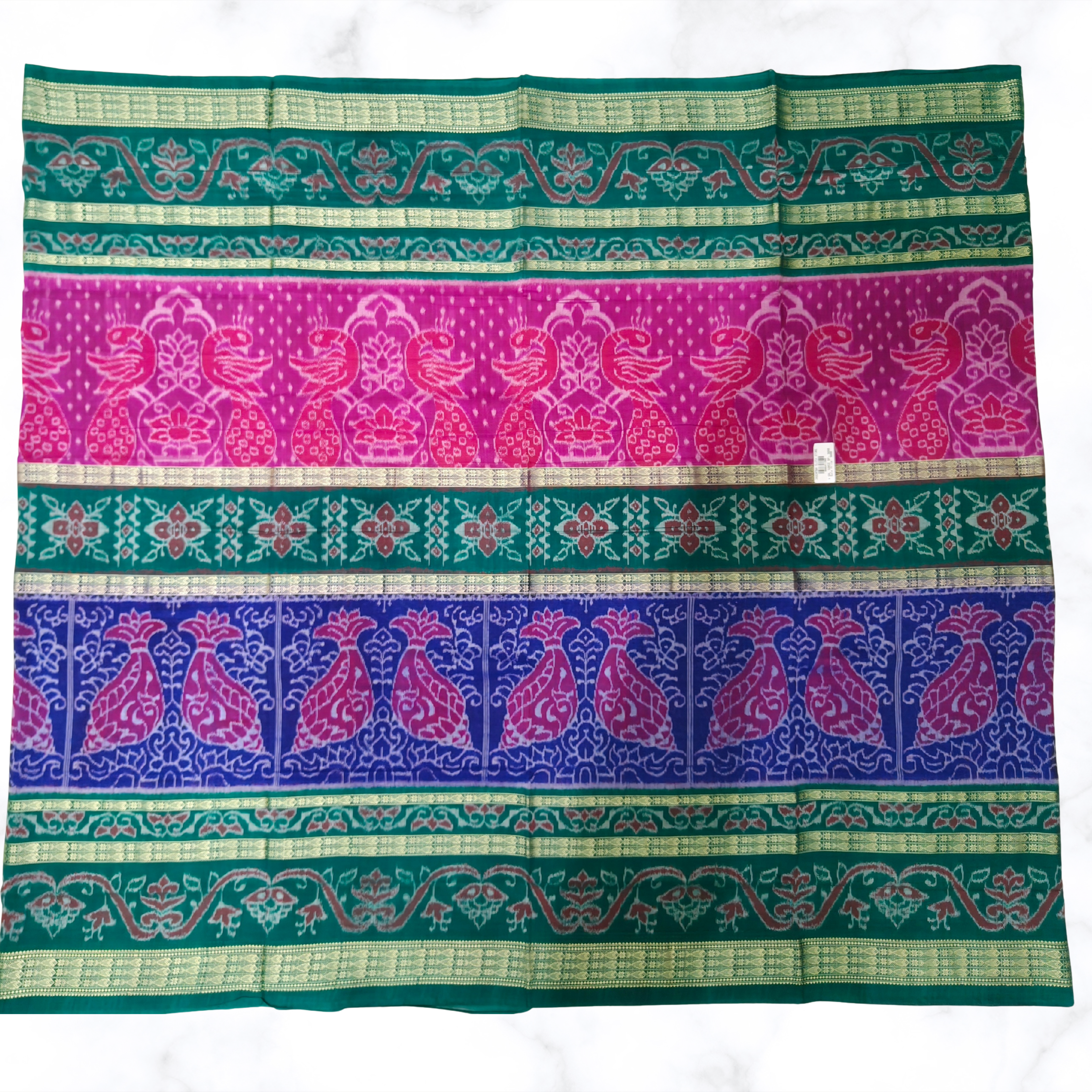 "The Matsya & Mayuri" – Multicolor Sambalpuri Ikat Saree with Signature 8-Fish Border & Peacock Motifs